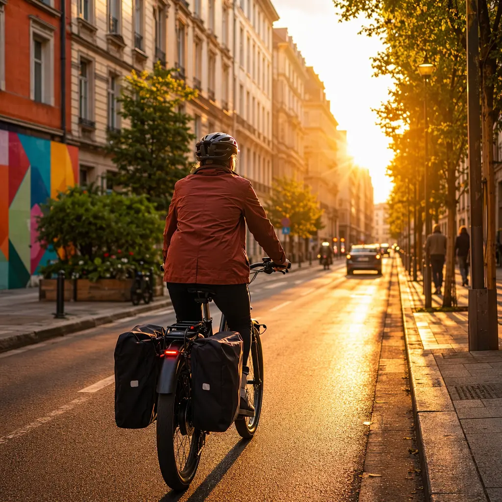 Electric bike carrying panniers on a bright, sunlit city street.