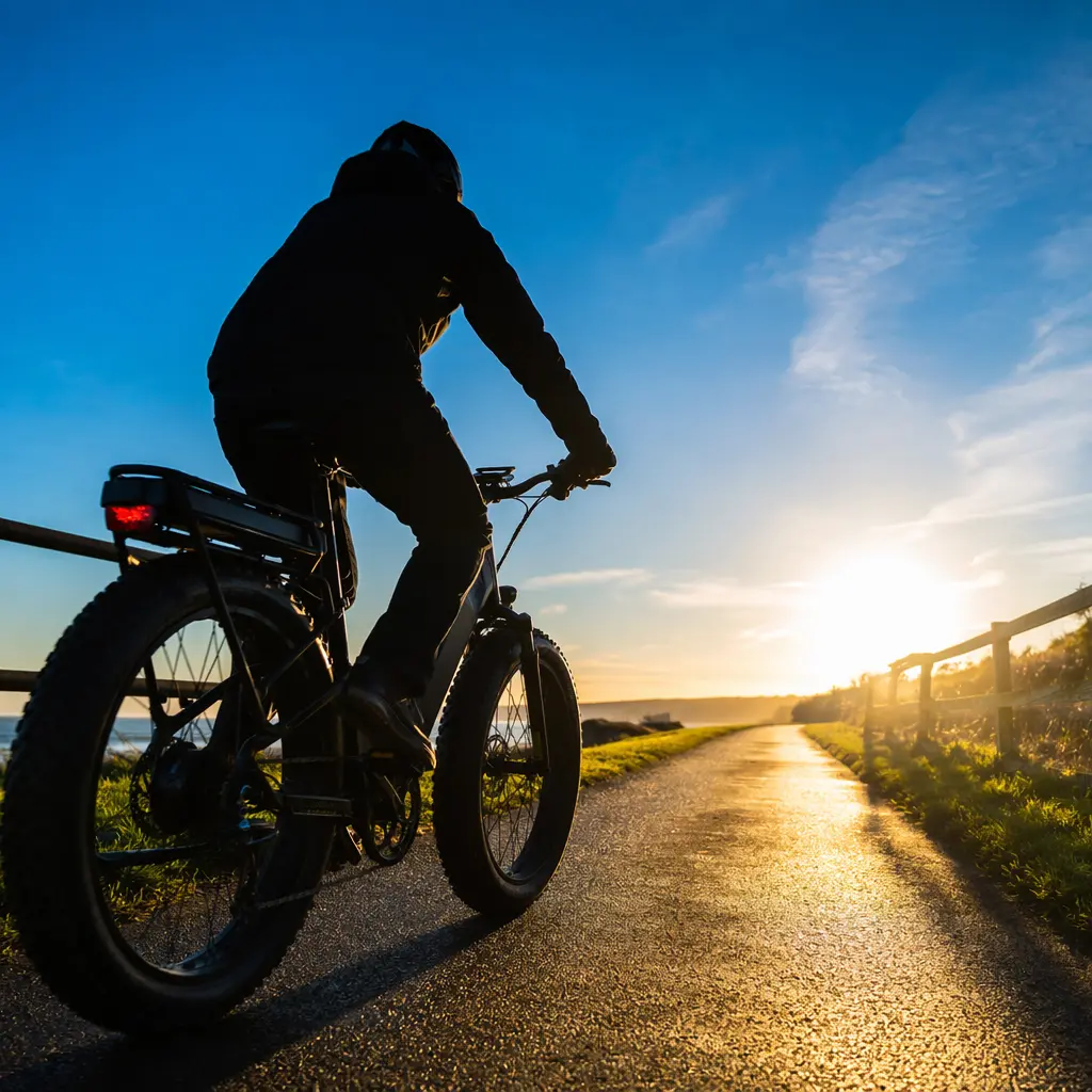 Sturdy electric bike ridden along a sunlit UK cycle path, shown in warm golden-hour light.