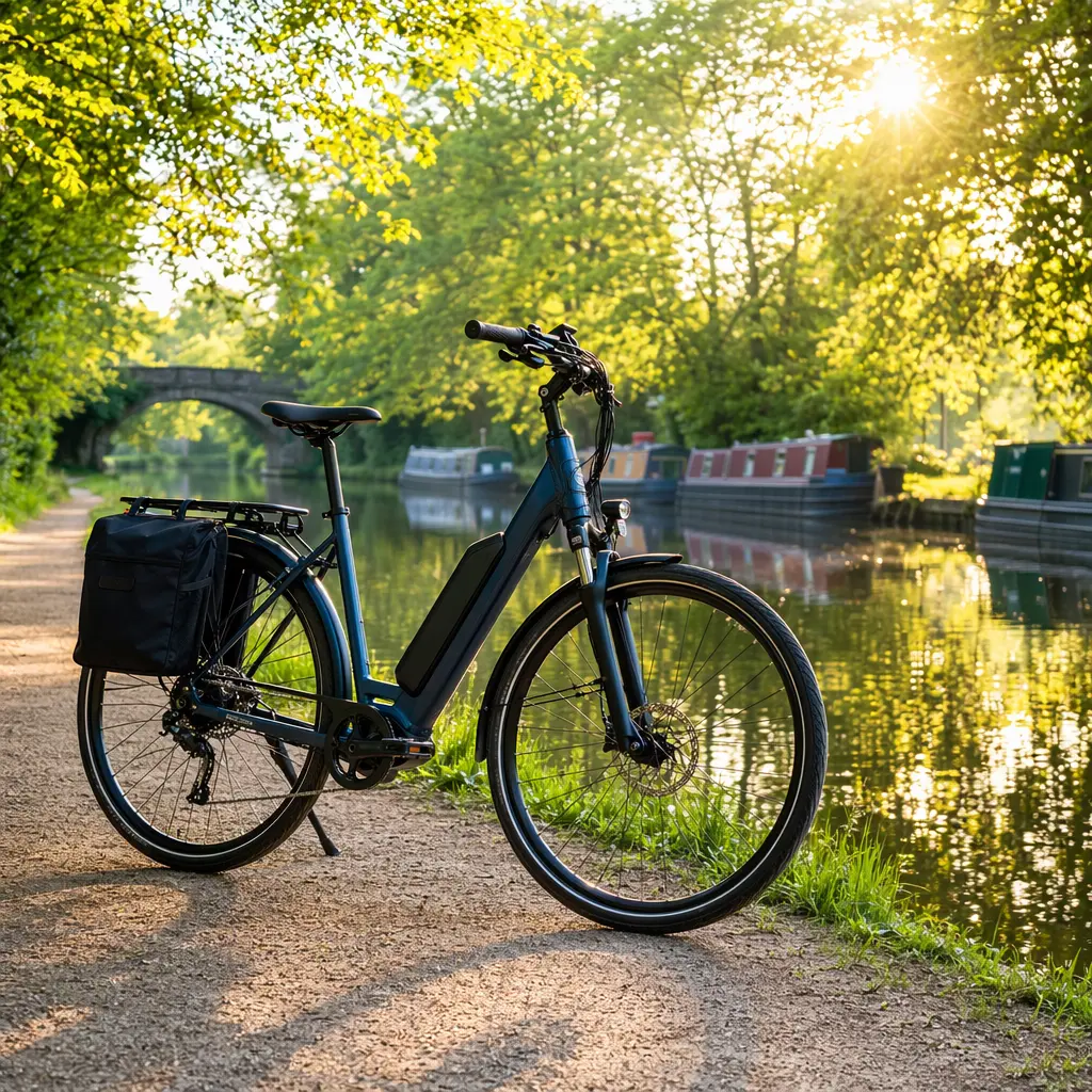 Affordable electric bike set up for commuting beside a sunny canal path
