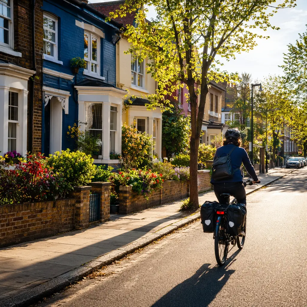 Electric bike commuter riding through a bright UK neighbourhood