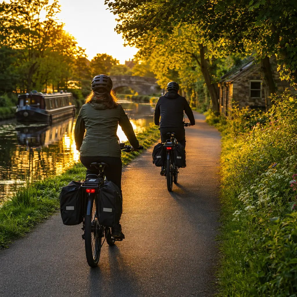 Electric commuter bikes on a sunny canal towpath during golden hour
