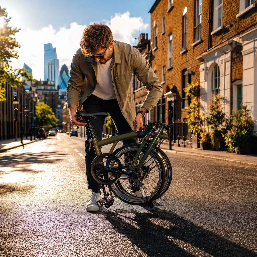 Folding bike being unfolded on a bright city street