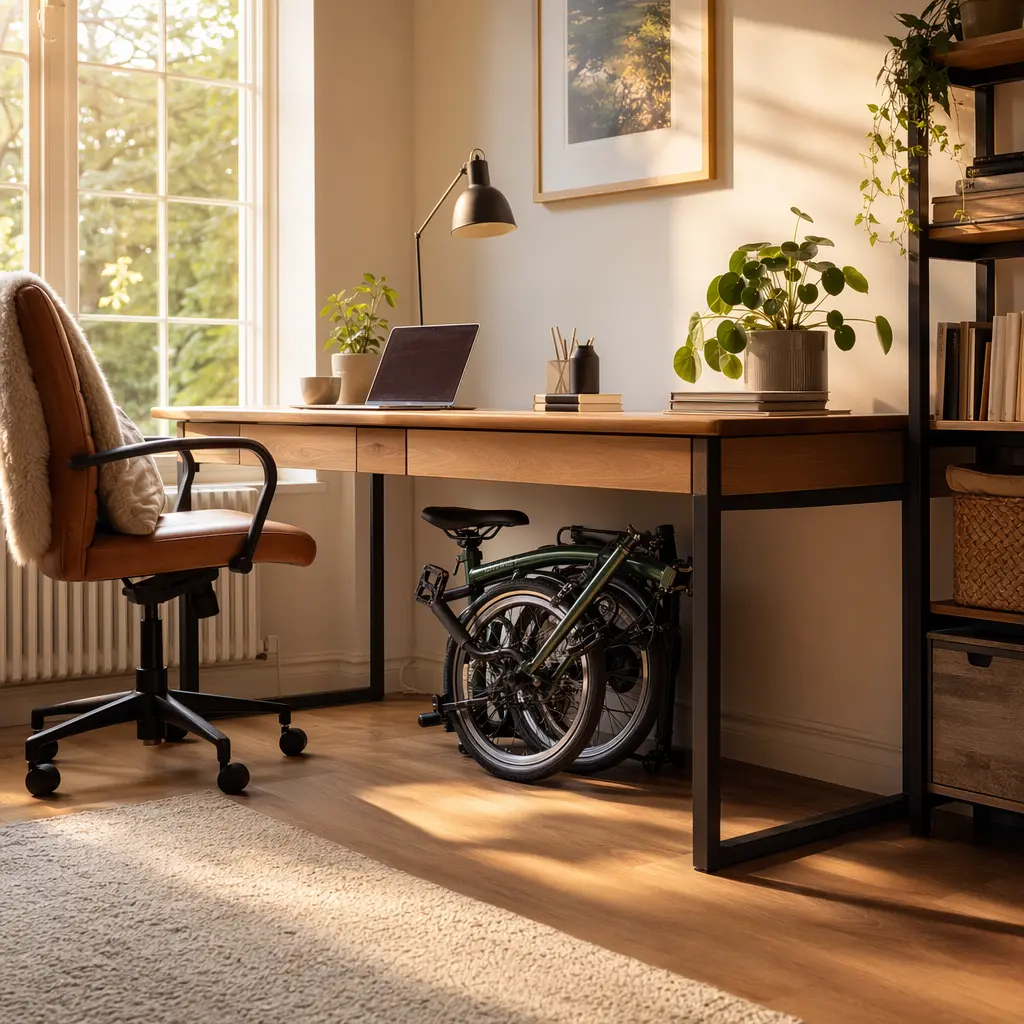 Folded bike stored under a desk in bright daylight