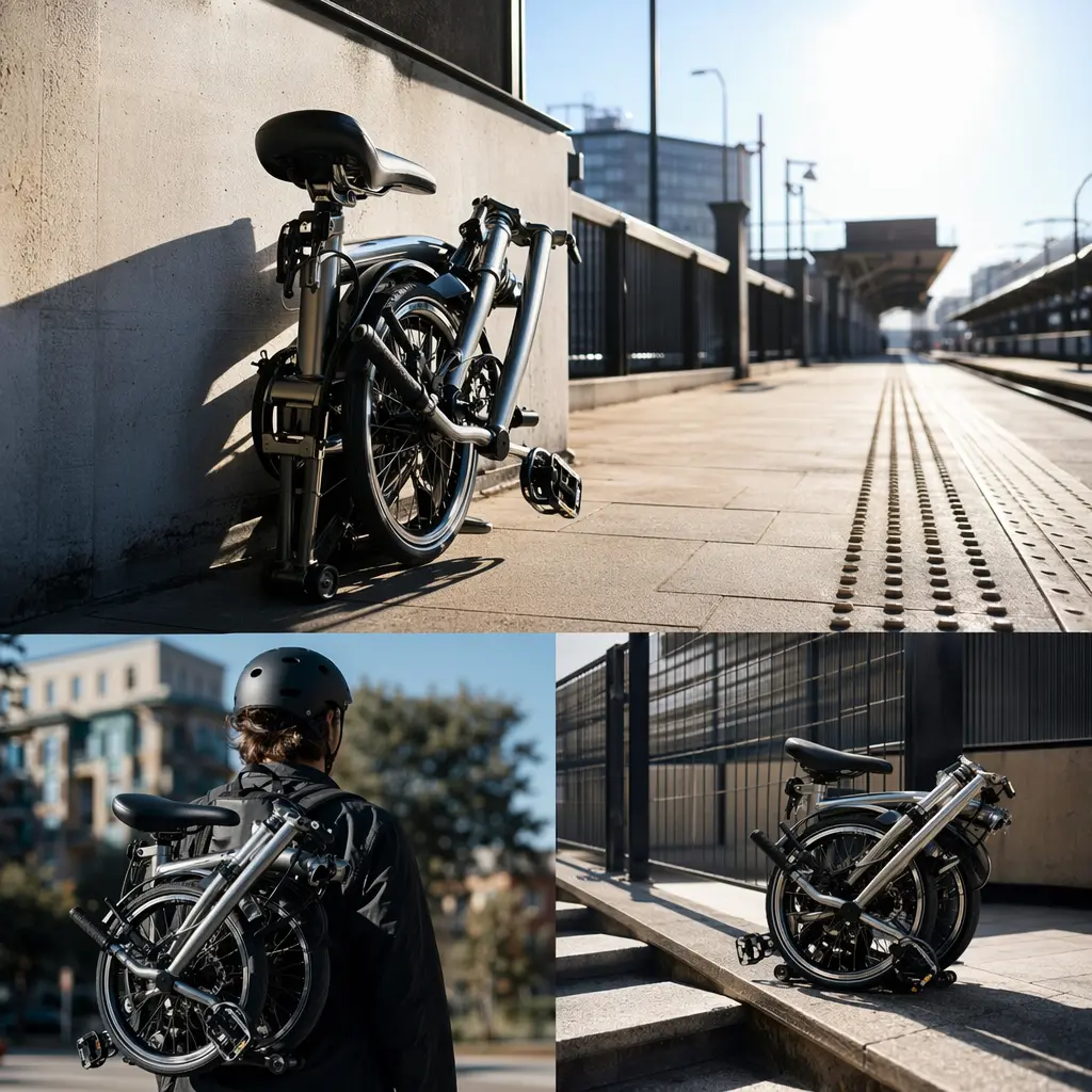 Compact folding bike being carried on a sunny UK train platform