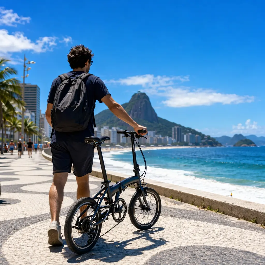 A budget folding bike being used on a sunny seafront path, shown in bright daylight.