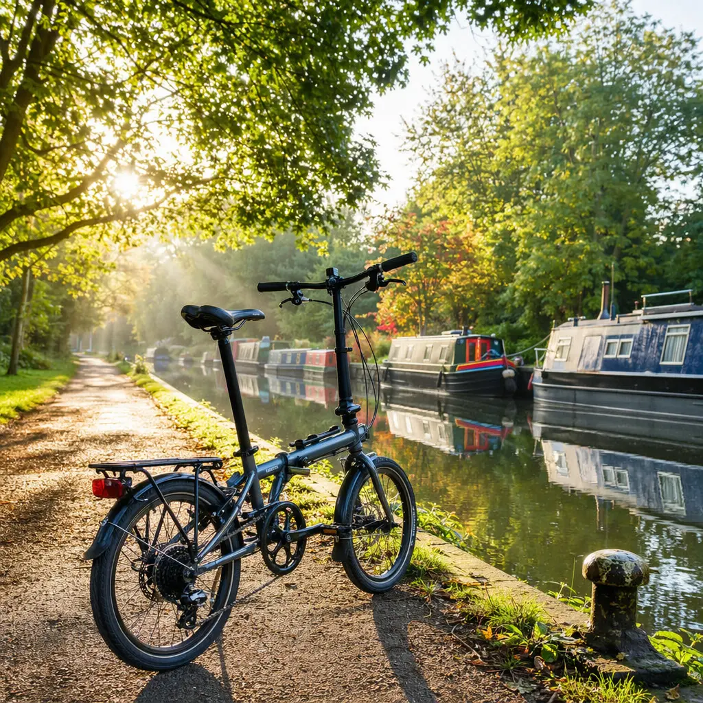 Folding bike by a canal towpath in warm morning light