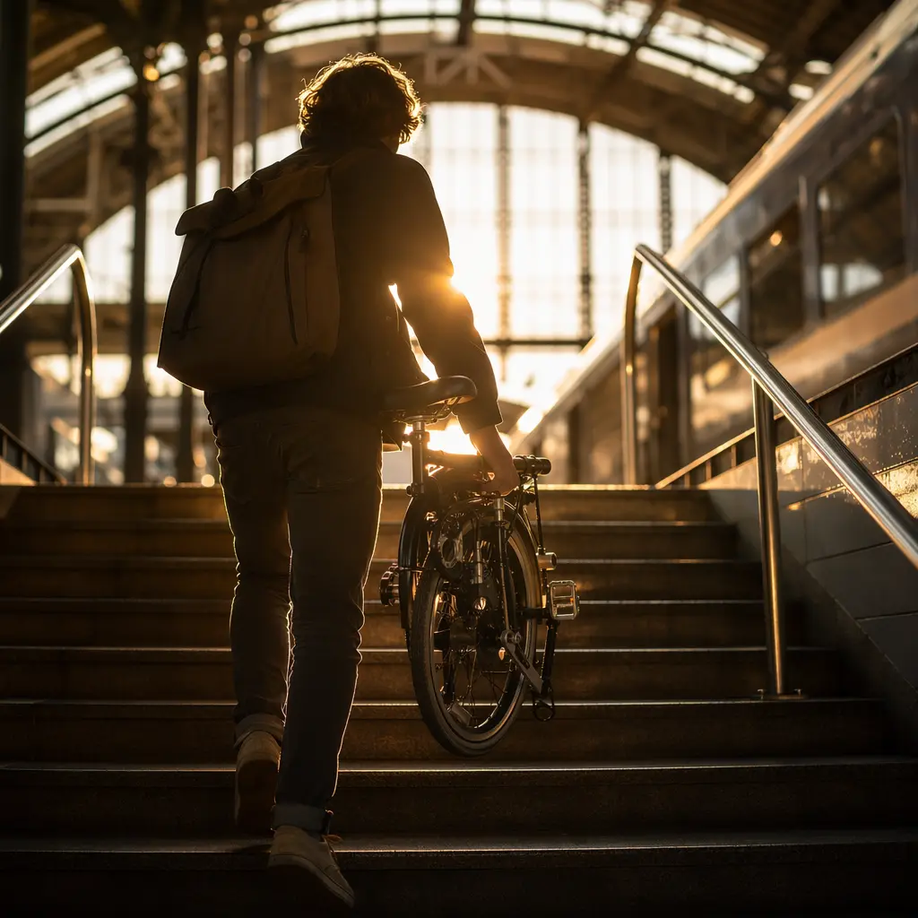 Folded bike being carried up station steps at golden hour