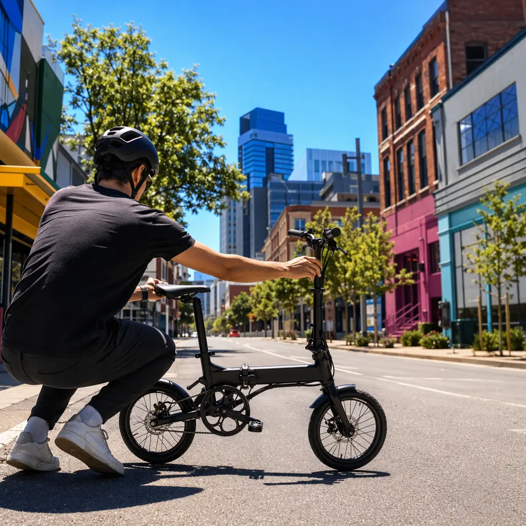 Budget folding bike unfolded on a bright, sunny UK street