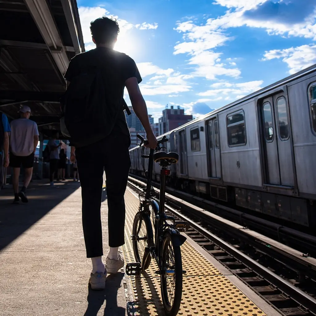 A folding bike being rolled along a sunny train platform, silhouetted against a bright blue sky.