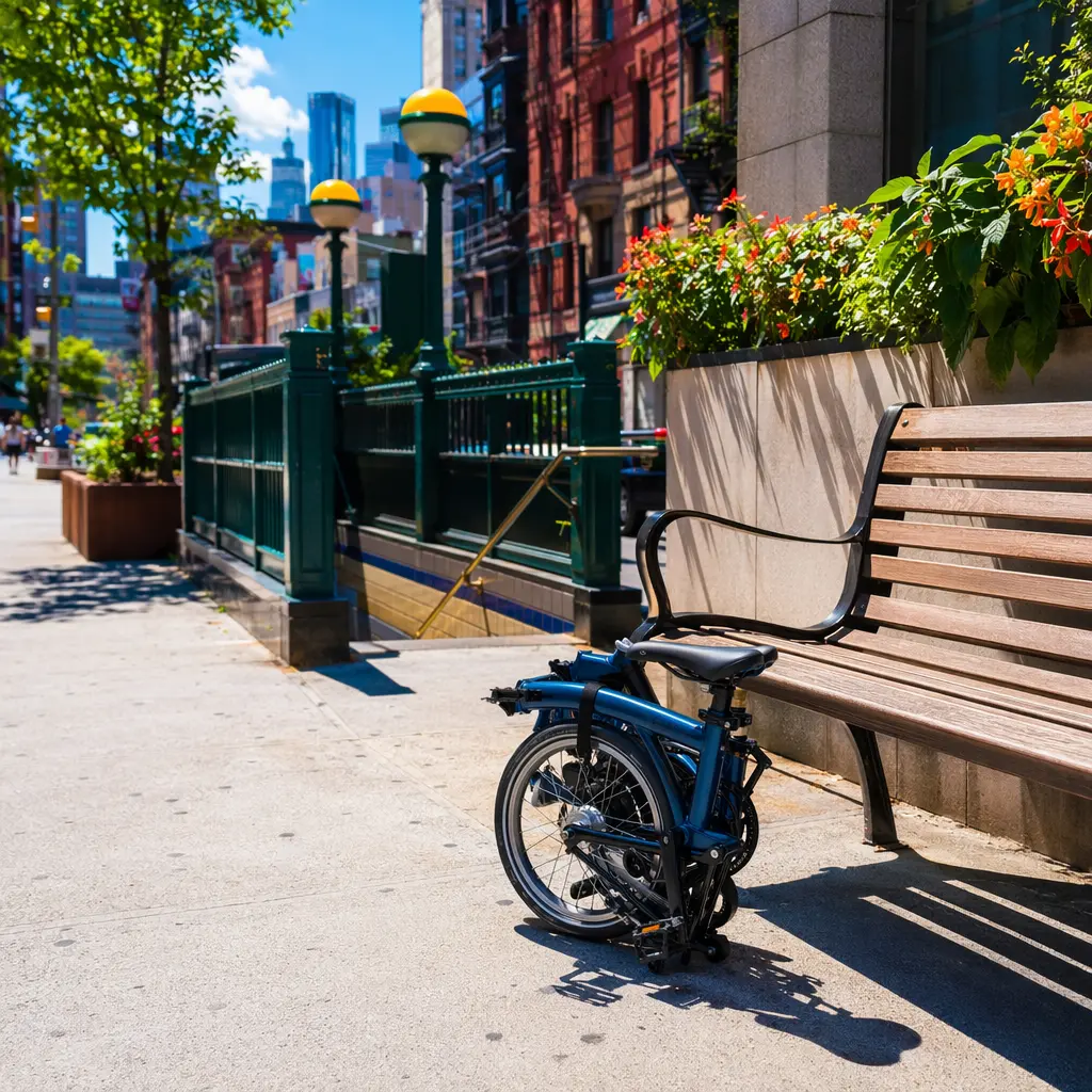 Folded bike parked neatly near a city station in bright sunshine