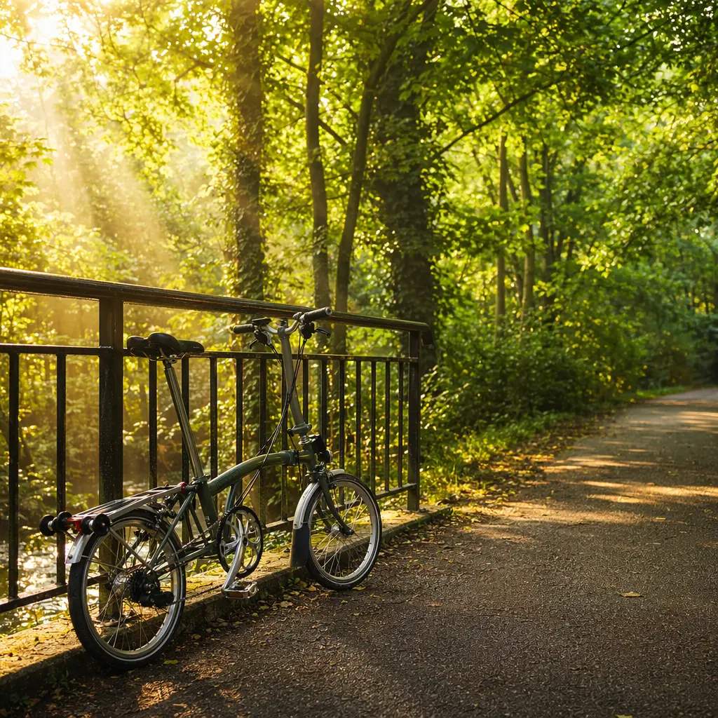 Folding bike set up on a sunny morning cycle path