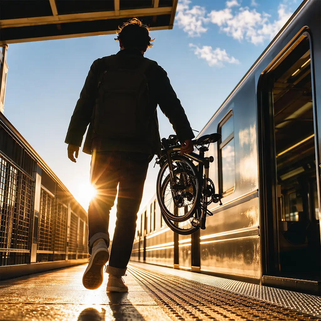 Folding bike carried by a commuter onto a UK train platform at golden hour