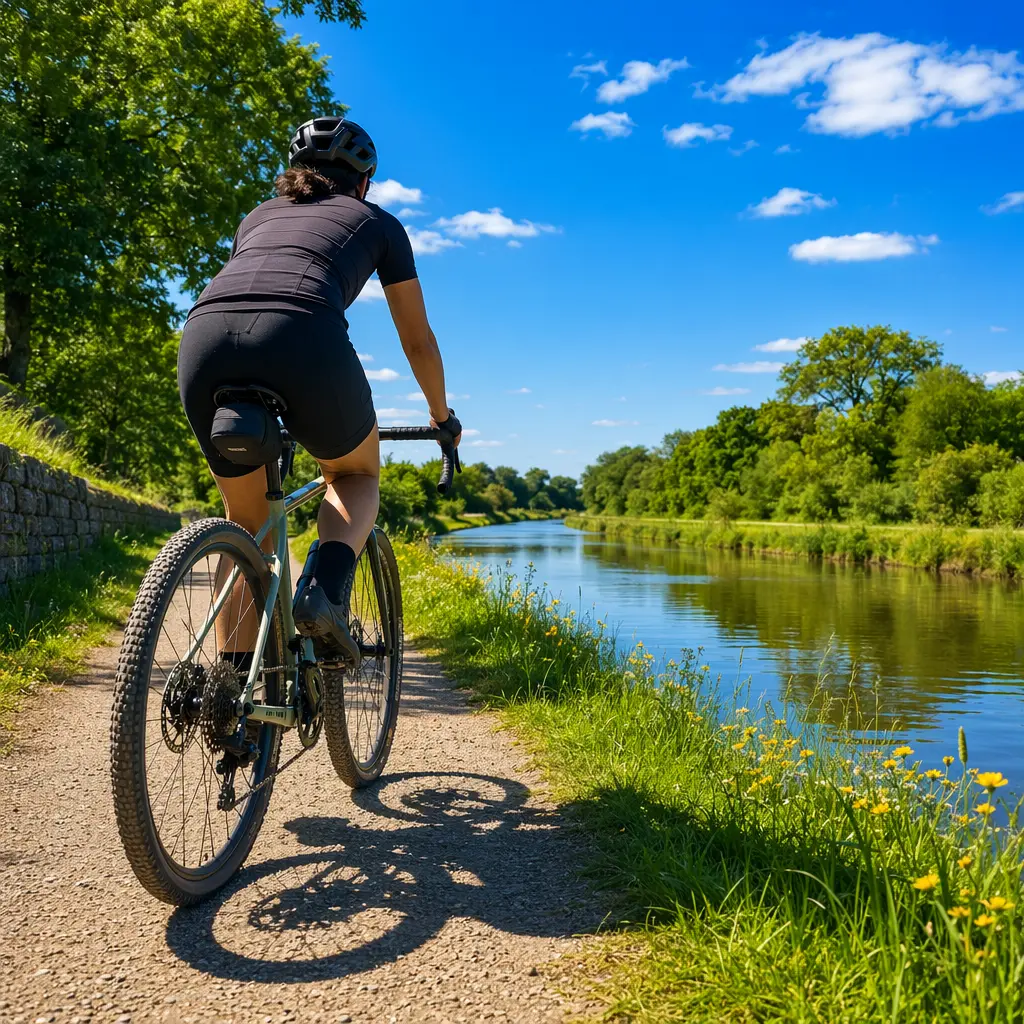 Gravel bike riding beside a canal under a bright blue summer sky