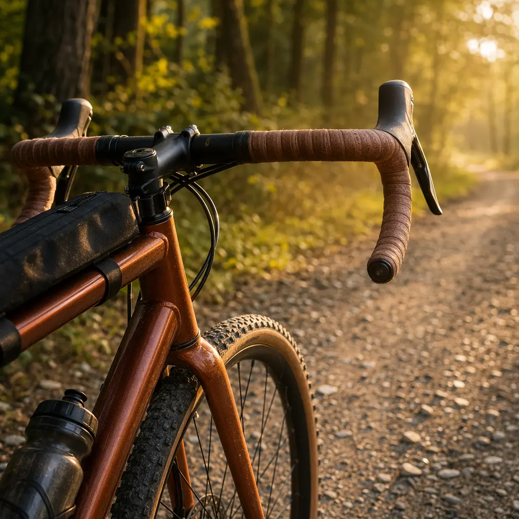Detailed view of a gravel bike frame and handlebars in warm woodland light