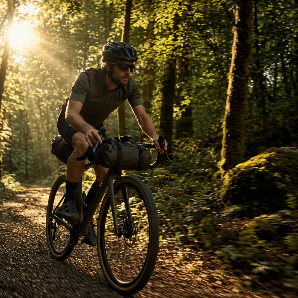 Gravel bike riding through woodland on a sunlit forest track
