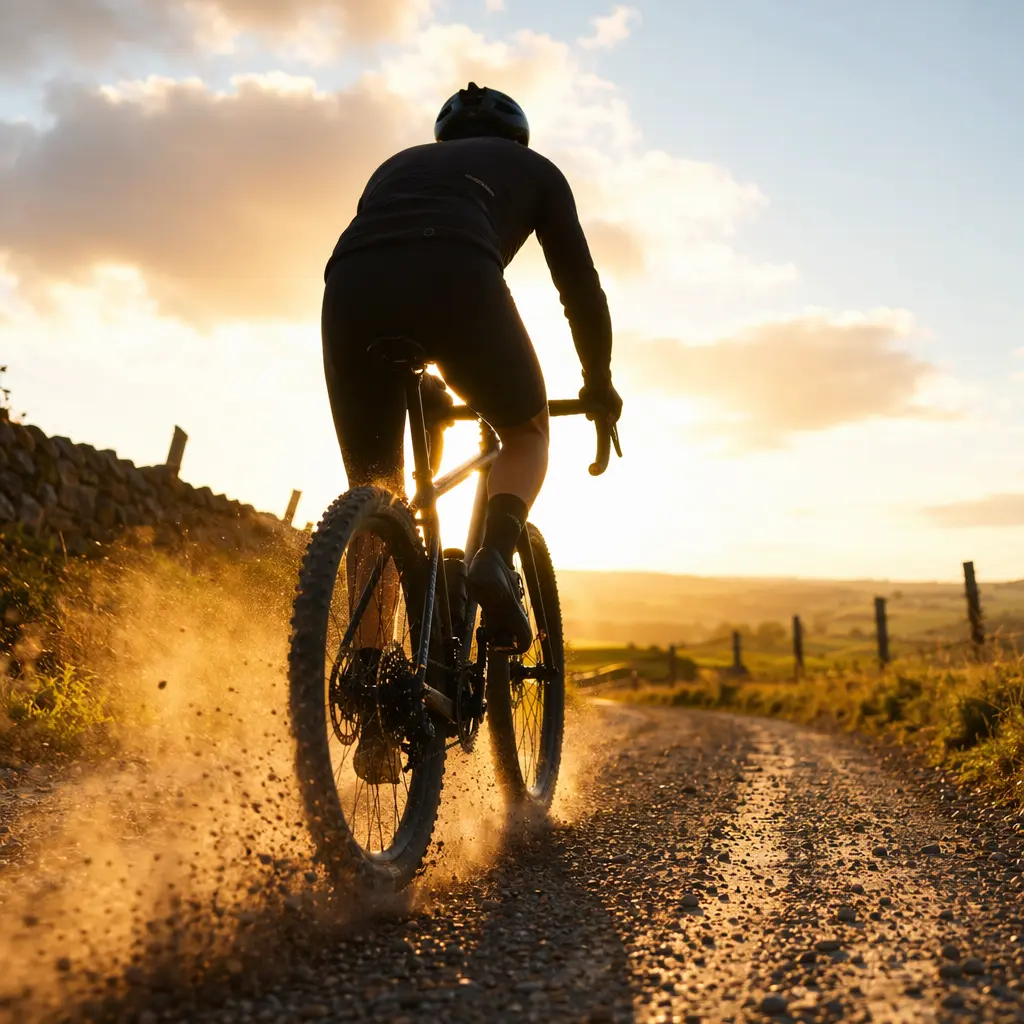 Gravel bike silhouette riding a sunlit UK country lane at golden hour