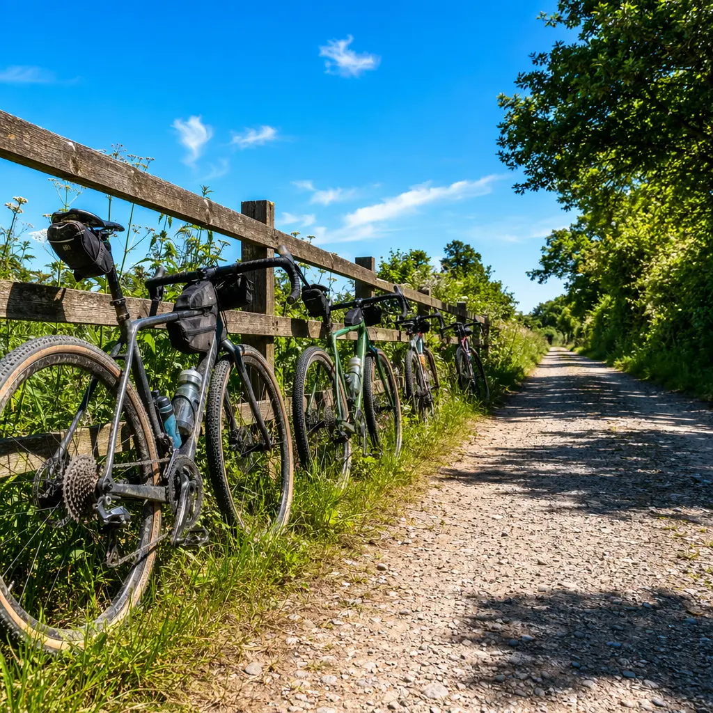 Gravel bikes parked on a sunny UK country lane