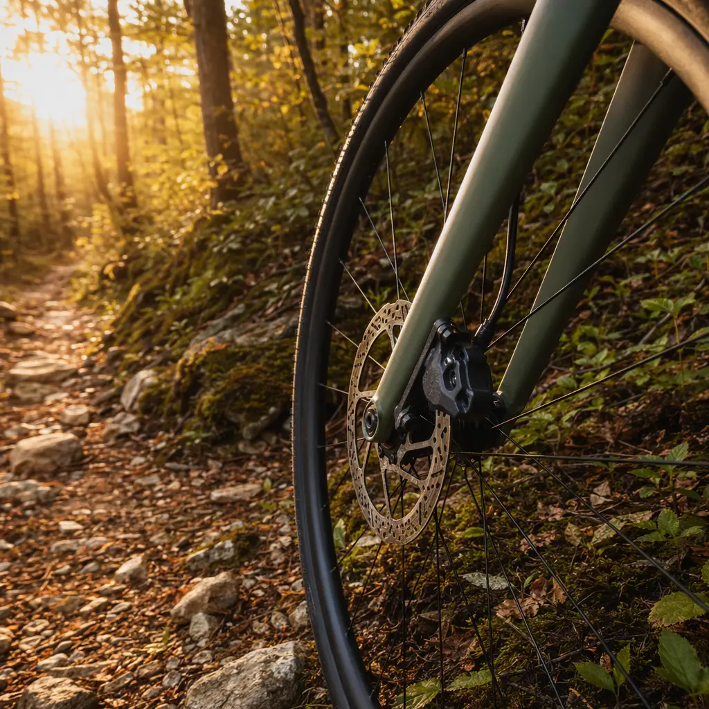 Close-up of a gravel bike tyre and disc brake in warm morning light