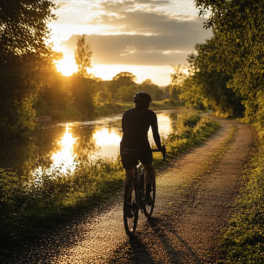 A relaxed gravel rider silhouetted at golden hour on a UK canal towpath