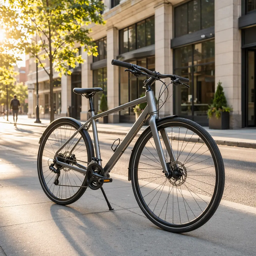 Budget hybrid bike in a bright, sunny urban setting