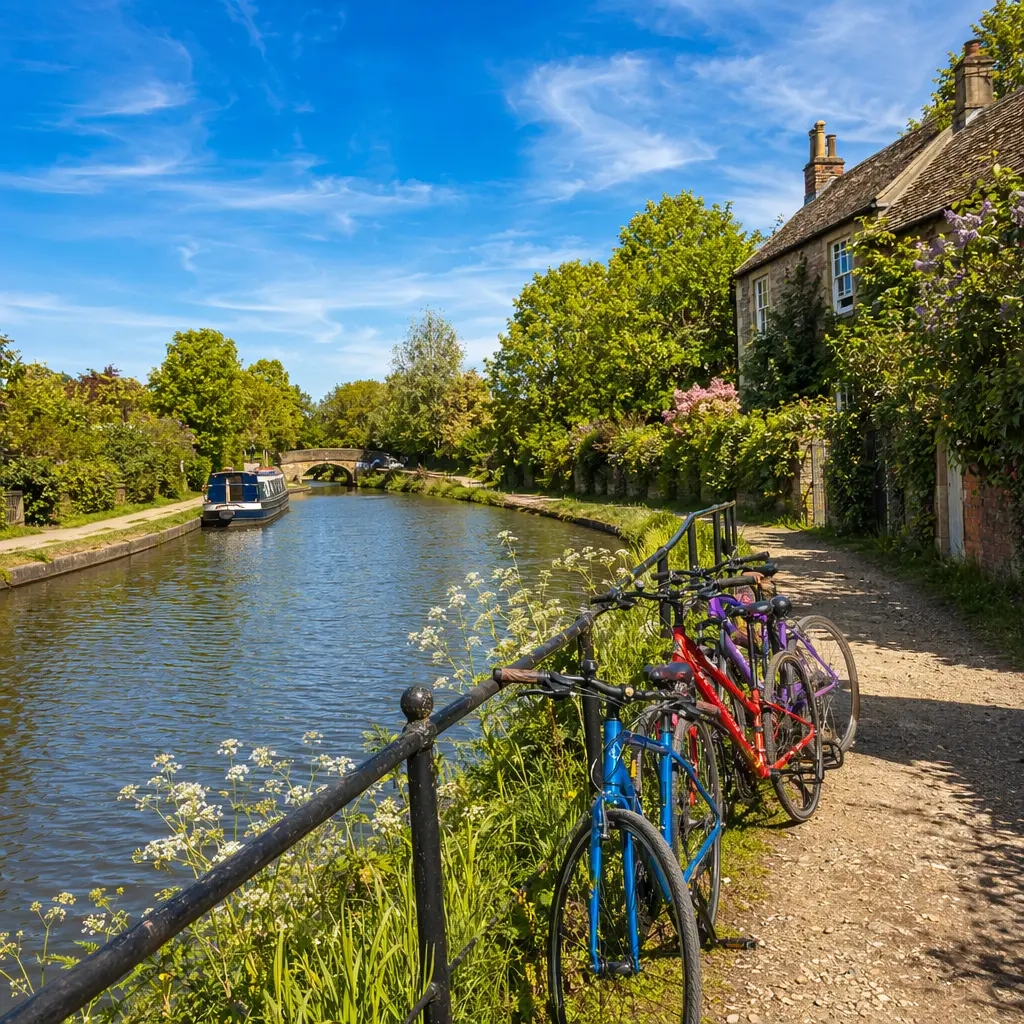 Hybrid bikes beside a canal towpath in bright summer conditions