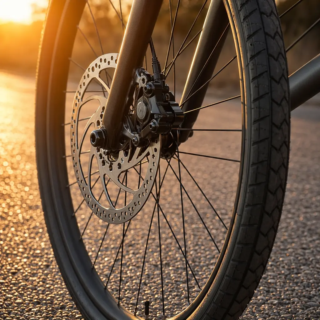 Close-up of a hybrid bike disc brake and tyre in warm evening light