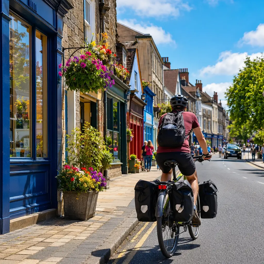Hybrid bike being ridden through a sunlit UK town street, set up for everyday errands