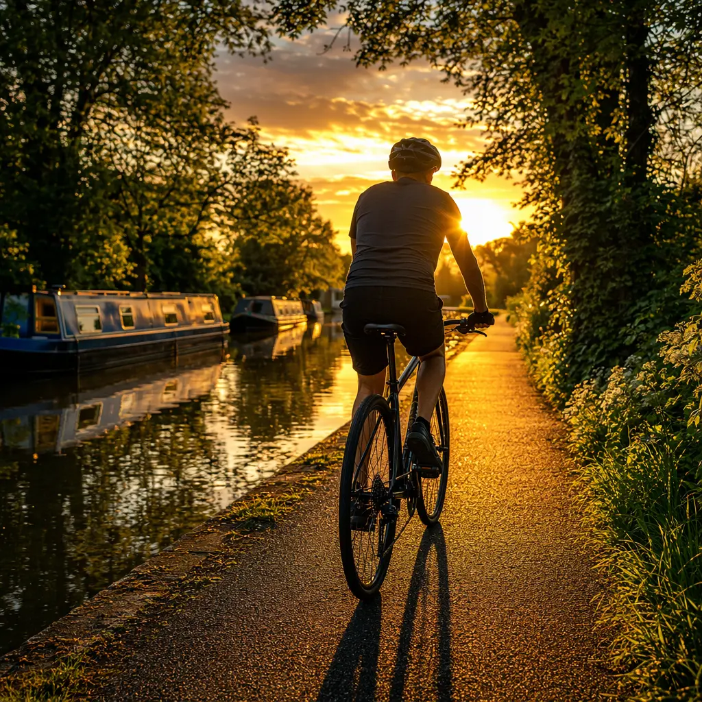 Hybrid bike being ridden along a UK canal towpath in warm golden-hour light