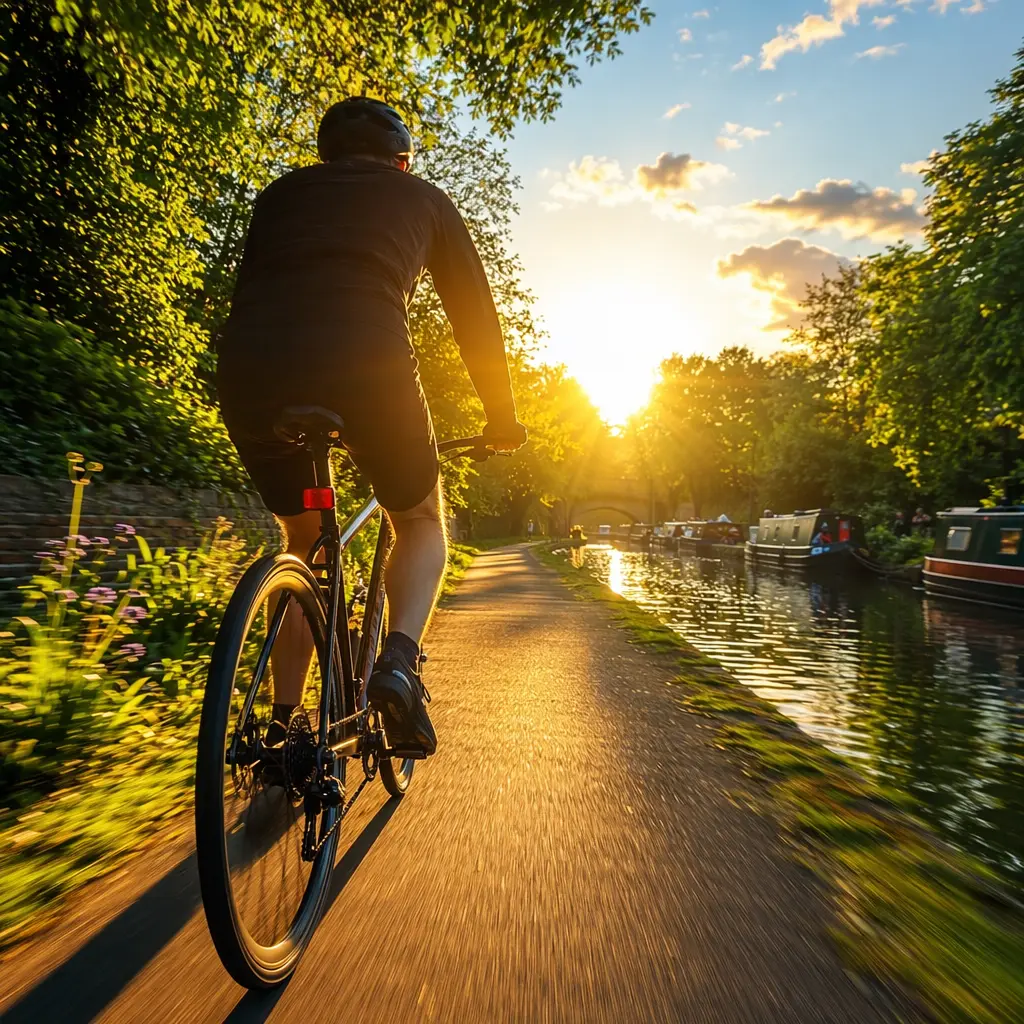 Hybrid bike being ridden along a canal path in warm evening light