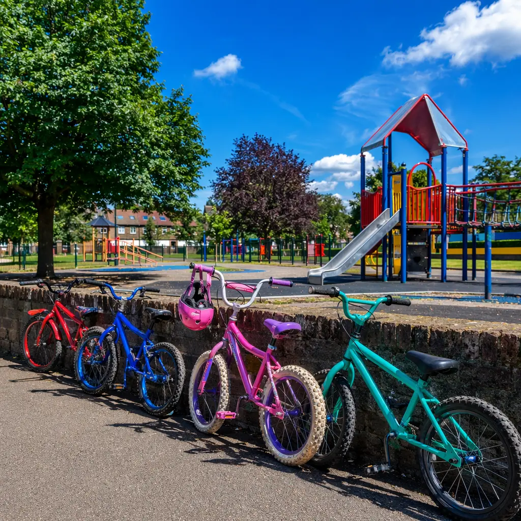 Kids' bikes parked near a playground on a bright summer day