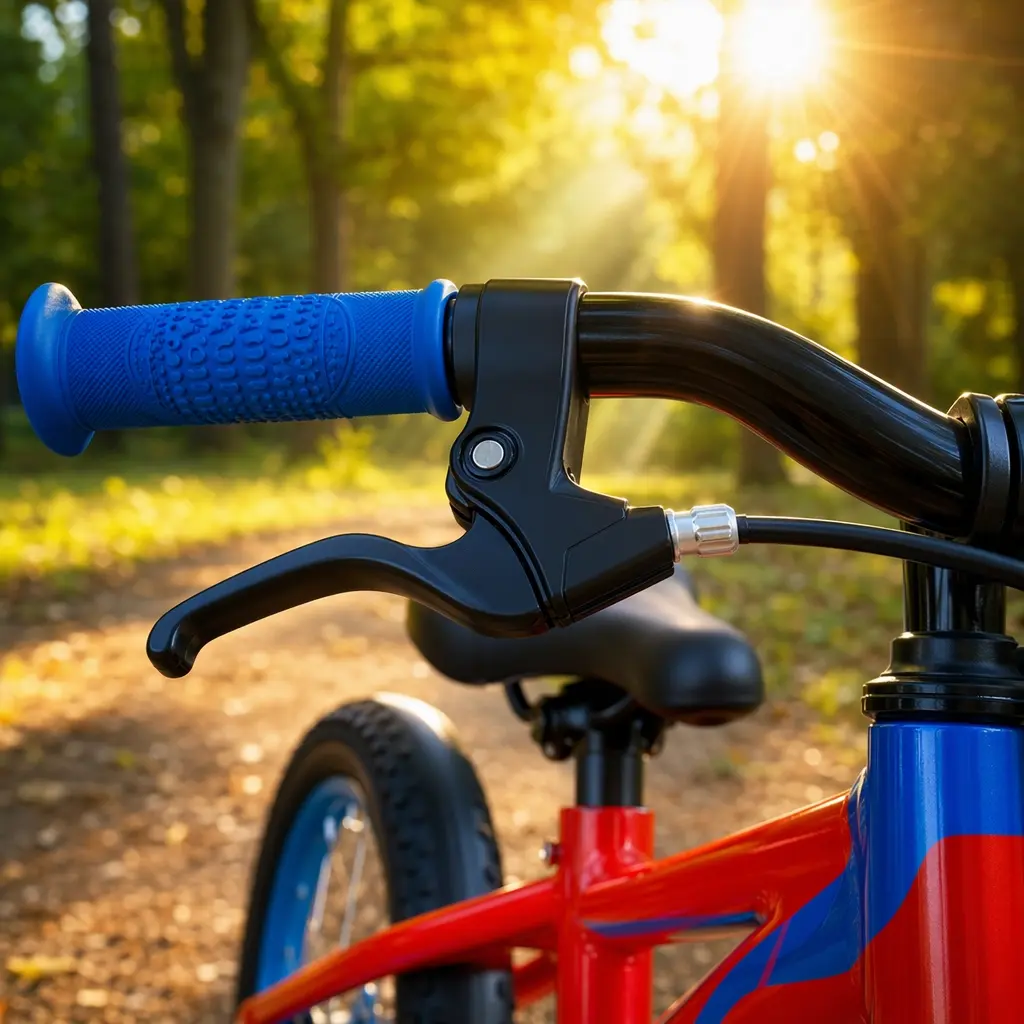 Close-up of a kids' bike handlebar and brake lever in warm sunlight