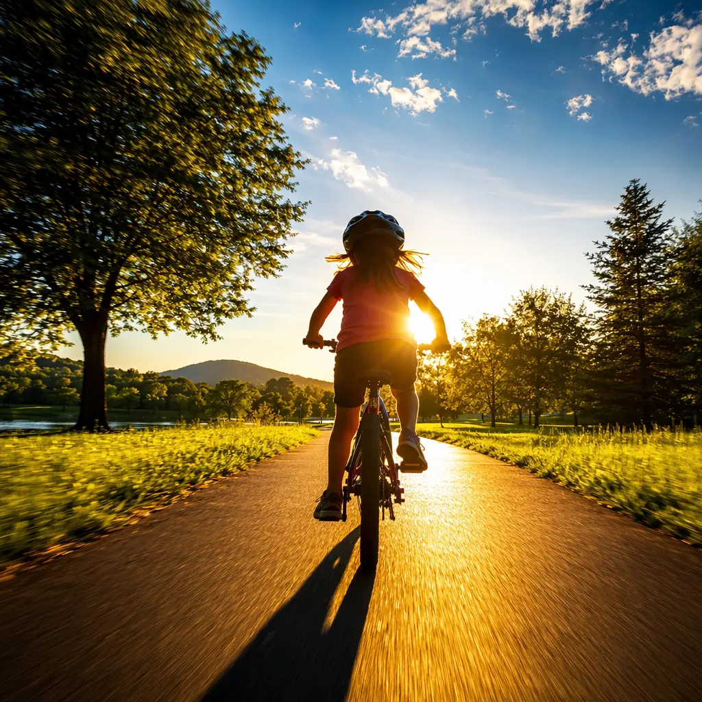 Child riding a bike confidently through a sunny park, backlit at golden hour