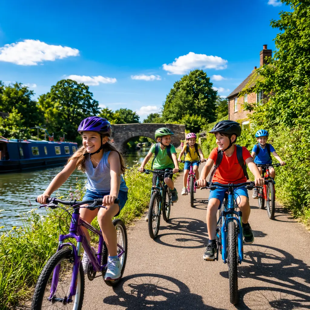 Children riding bikes together on a sunny canal towpath