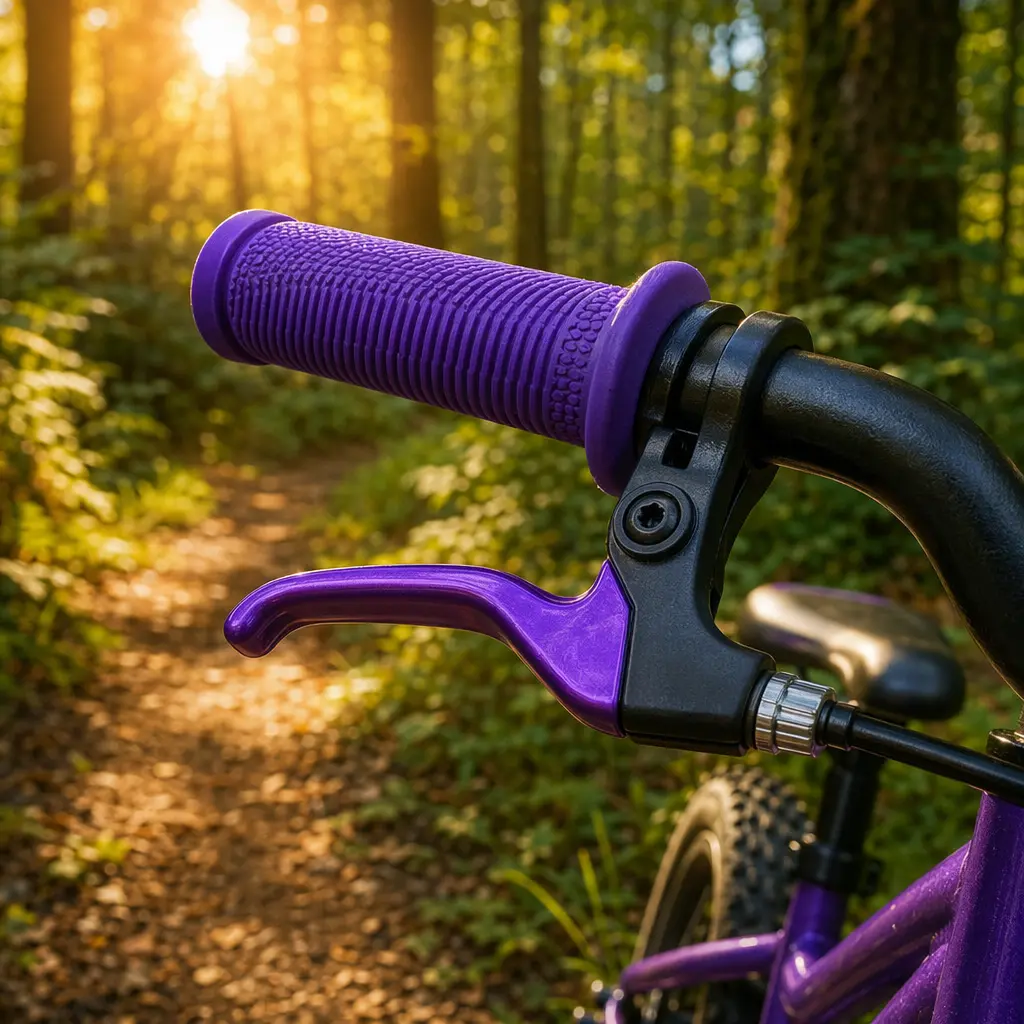 Close-up of a child-sized bike brake lever in warm sunlight