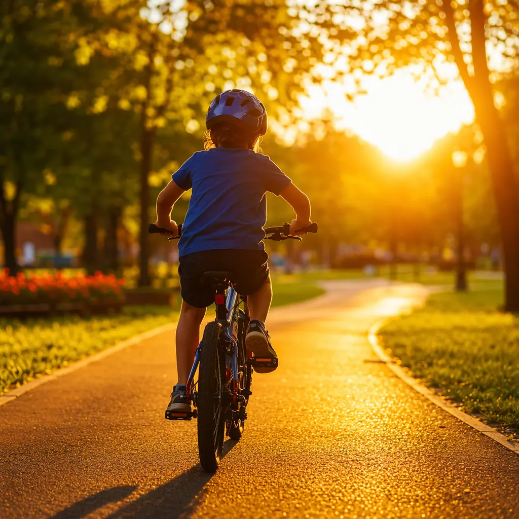 Child riding a small bike along a sunlit park path at golden hour