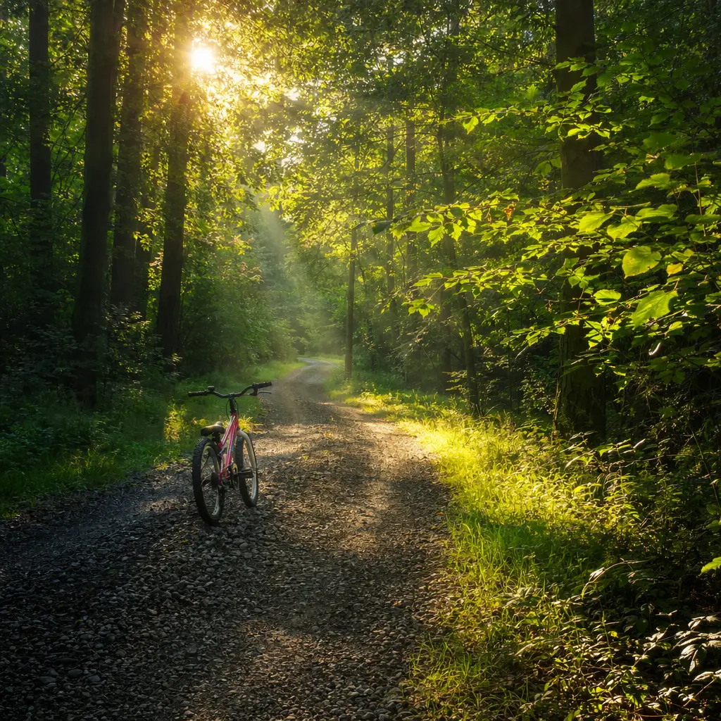 Kids’ bike on a woodland gravel track in warm morning light