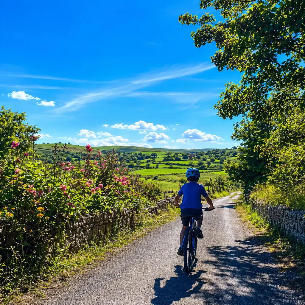 Silhouette of a child riding a bike on a sunny country lane