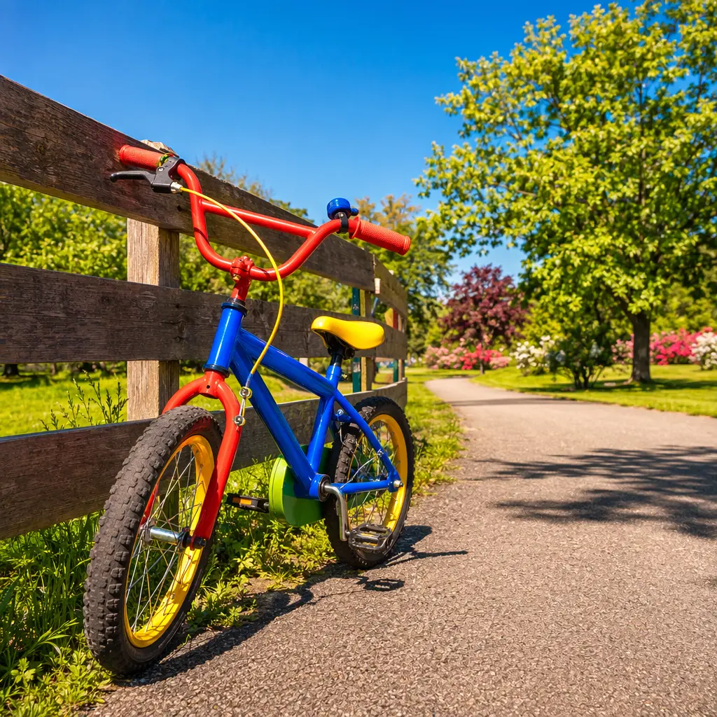 Colourful kids’ bike in bright sunshine on a park path