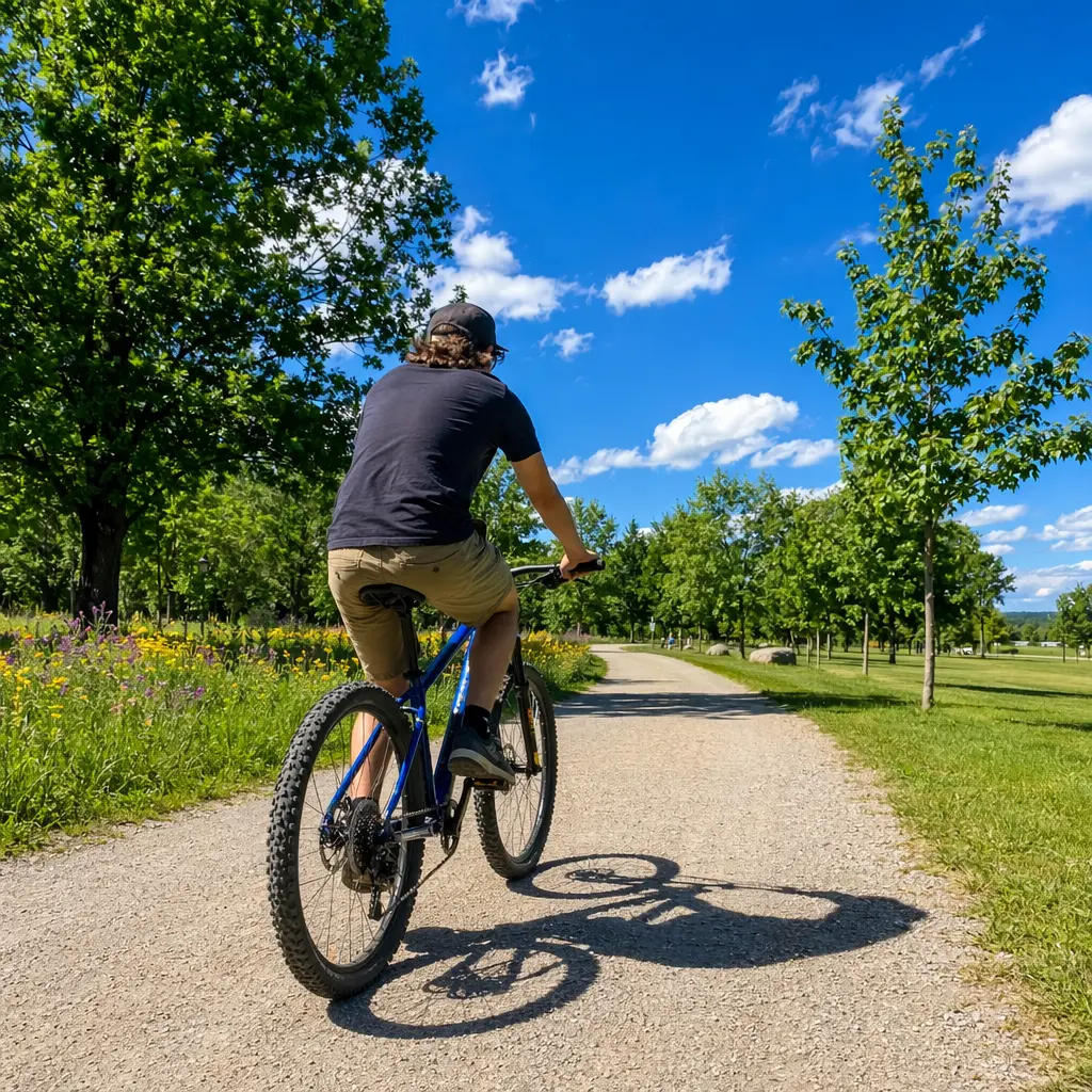 Hardtail mountain bike on a gravel path in a sunny park