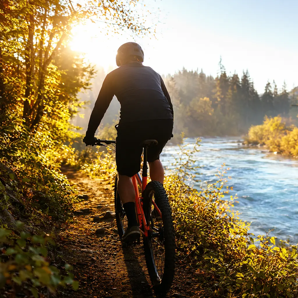 Mountain bike on a riverside path with warm morning sunlight