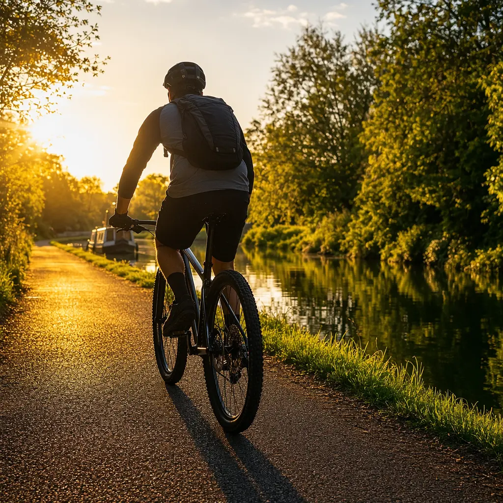 Mountain bike being ridden along a canal towpath in warm golden-hour light