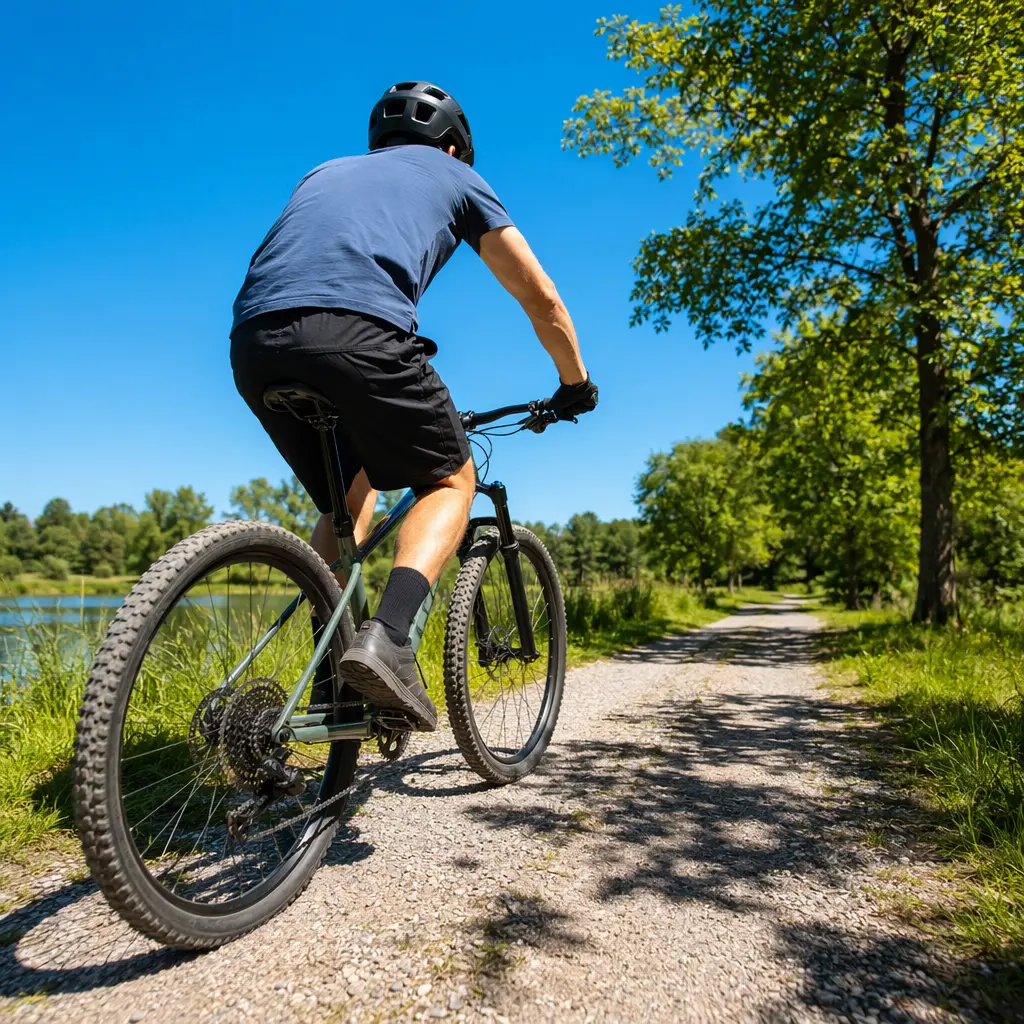 Budget mountain bike riding along a sunny park path