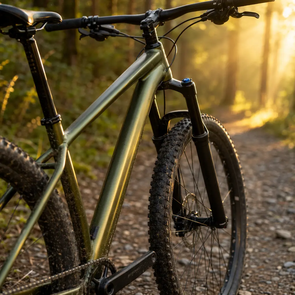 Hardtail mountain bike on a sunlit woodland gravel track