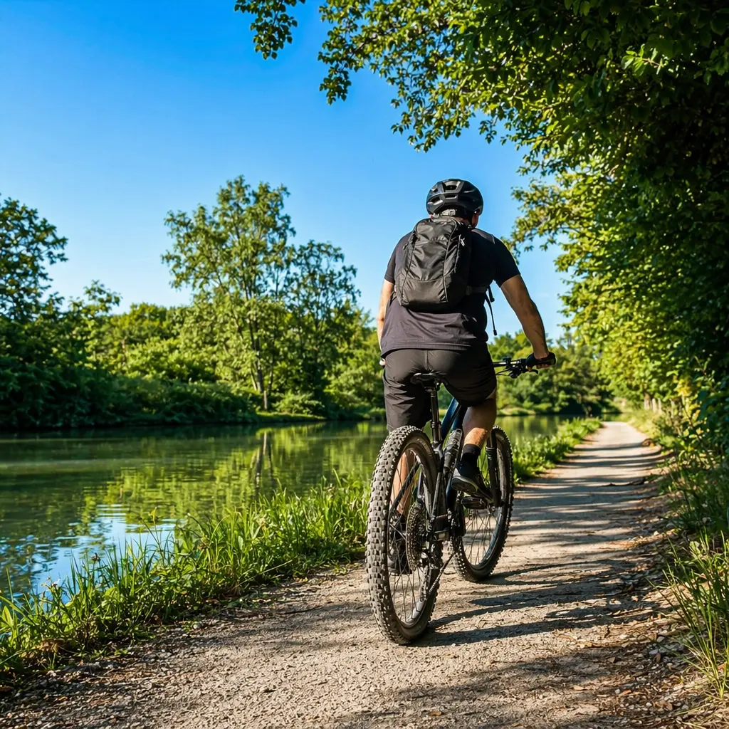 Budget mountain bike on a sunny UK canal path, set up for leisure trail riding