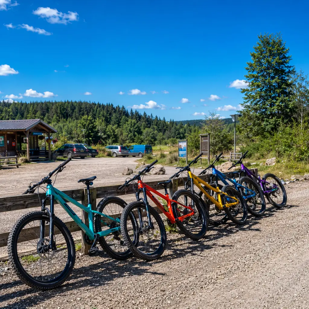 Hardtail mountain bikes ready for trail riding under a bright summer sky