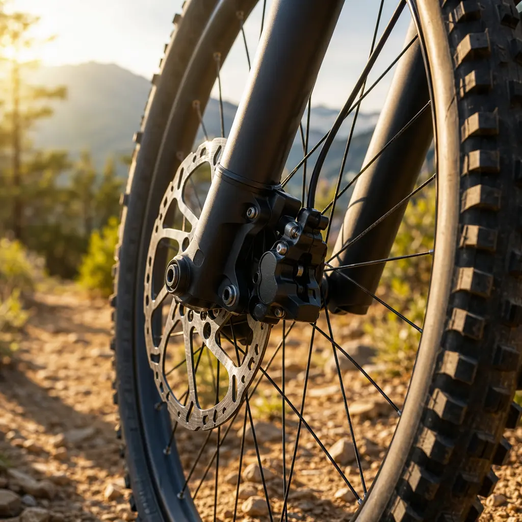 Close-up of hydraulic disc brake and front tyre on a mountain bike