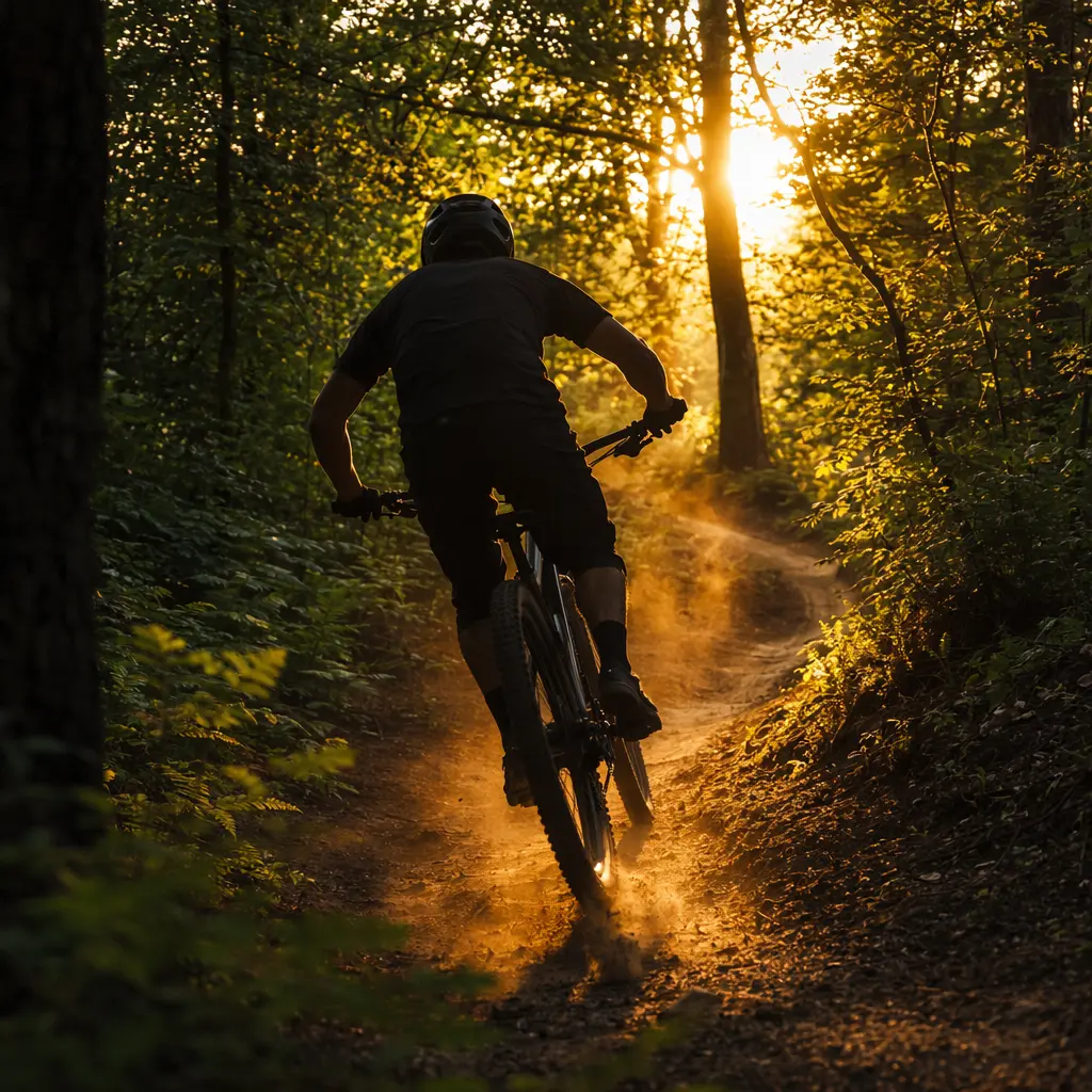 Beginner rider on a hardtail mountain bike riding a woodland trail at golden hour