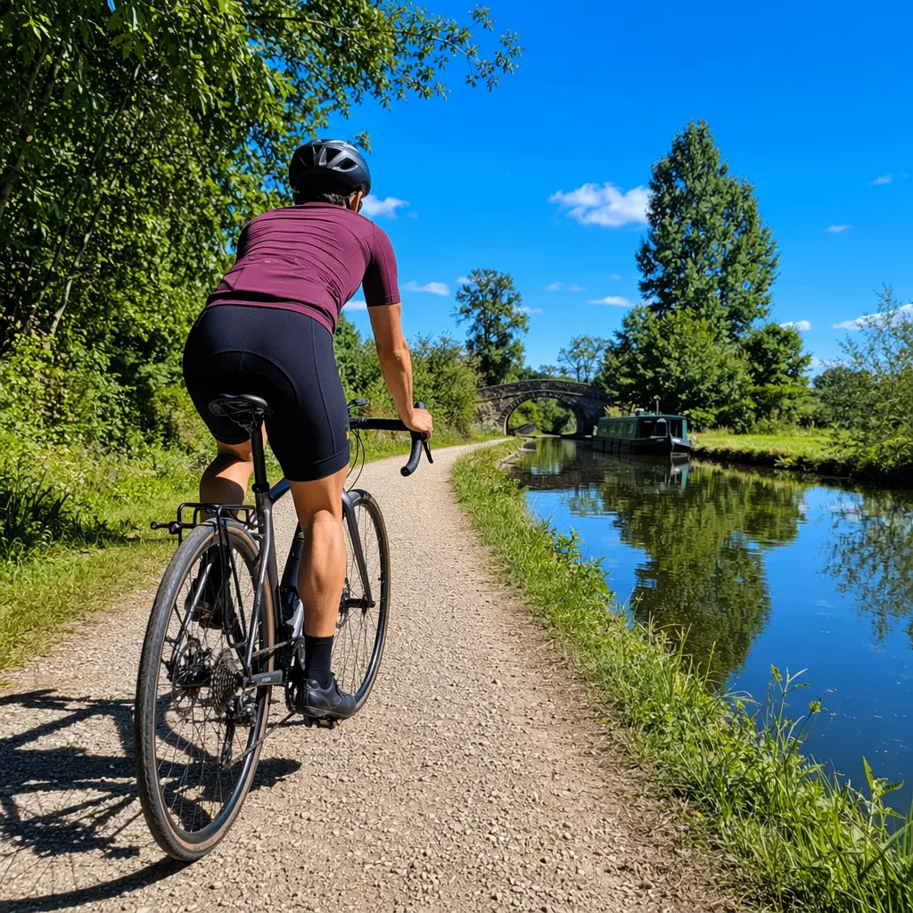Comfort-focused road bike riding along a sunny canal towpath