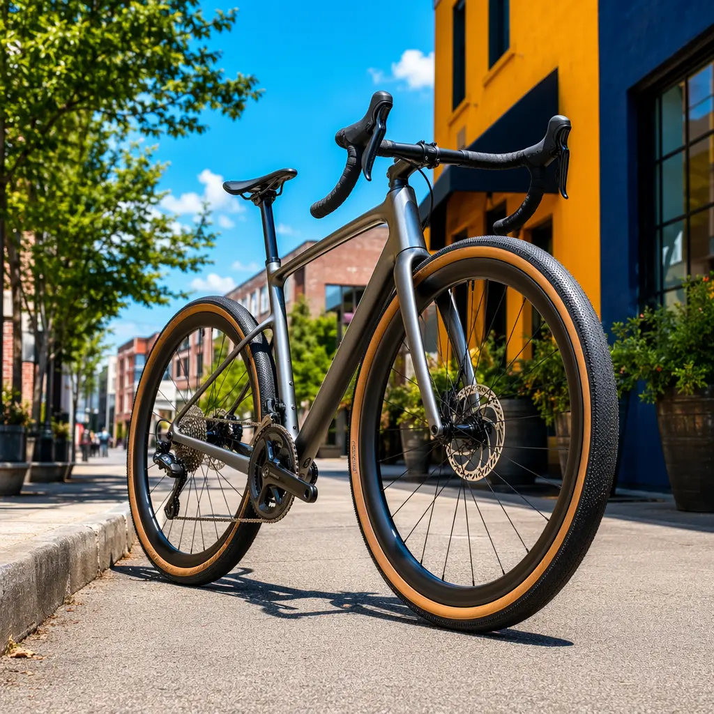 Road bike with wide tyres and disc brakes in bright daylight