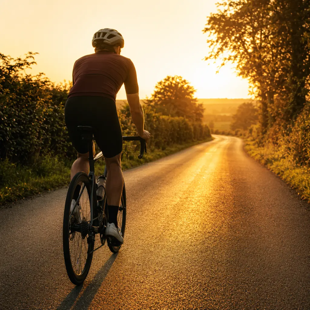 Endurance road bike on a country lane at golden hour, rider silhouette from behind